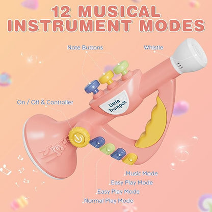 Contixo KT2 Musical Trumpet Toy for Kids, Pink Baby Educational Music Toys with Light Effects, Adjustable Volume, Multiple Rhythms, Easy Play Modes, Realistic Whistle Sounds for Toddler Boys Girls