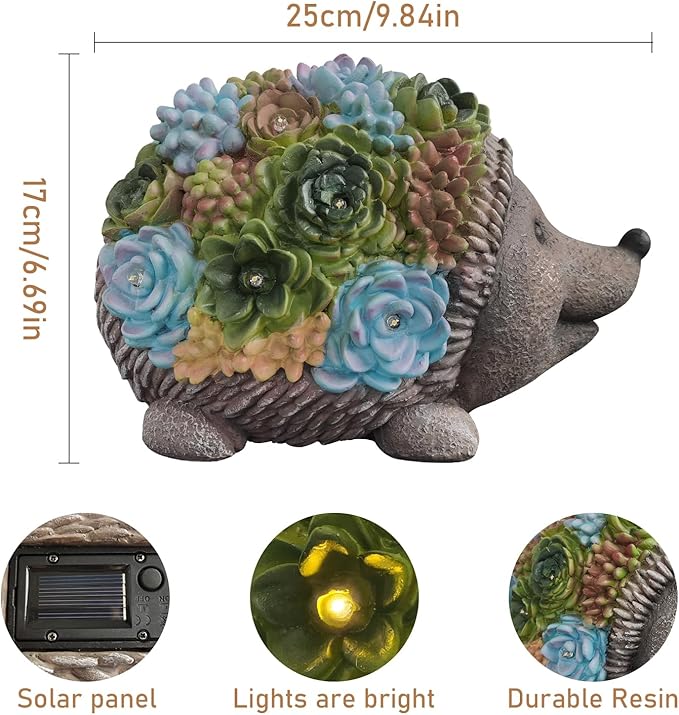 J.CARP Outdoor Solar Garden Hedgehog Statue with Succulents and 7 LED Lights, Decorations for Garden, Patio, Lawn, Outdoor Yard and Deck, Unique Housewarming Gifts