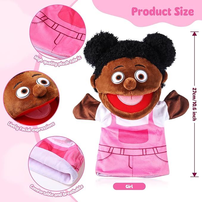 1 Pcs Family Hand Puppets 13 Inch Grandparents, Mom & Dad, Brother & Sister Plush Hand Puppet Toys Role-Play Toy Puppets for Kids Storytelling Imaginative Pretend Play Teaching Preschool(Black Sister)