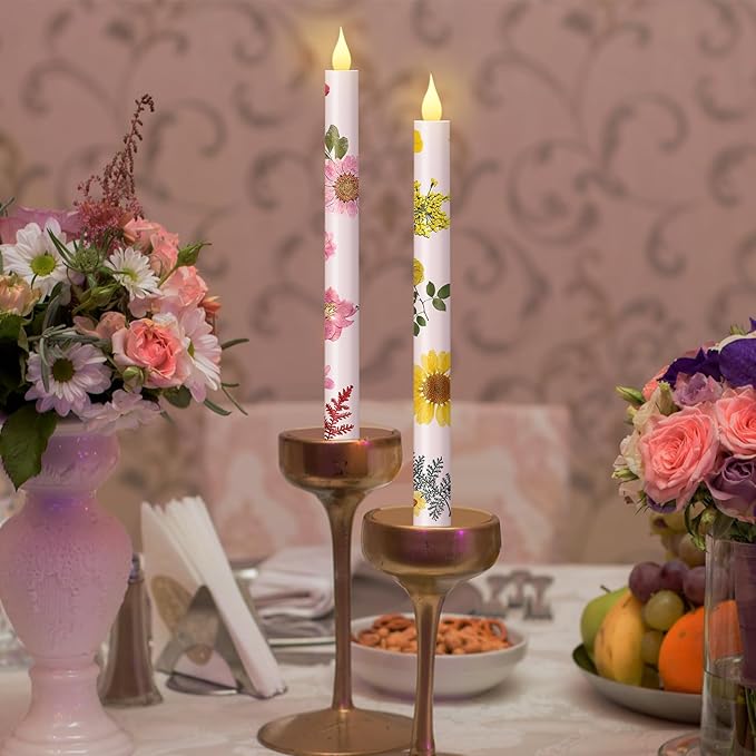 Nuanchu 6 Pcs Floral Taper Candles 10.6 Inch Pastel Flameless Candle Battery Operated Dried Flower Candlestick LED Pressed Floral Candlestick for Summer Home Wedding Dining Garden Party Decoration