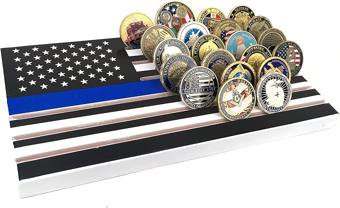 6-Row American Flag Challenge Coin Display Stand - Thin Blue Line, Holds 42-46 Coins