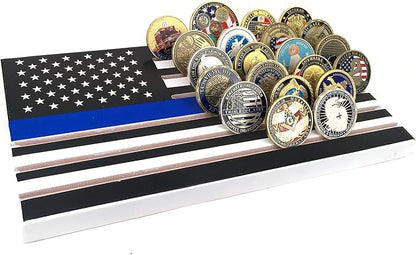 6-Row American Flag Challenge Coin Display Stand - Thin Blue Line, Holds 42-46 Coins