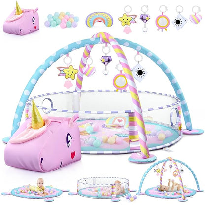 Baby Play Mat & Activity Mat - Baby Play Gym Tummy Time Mat with 6 Detachable Sensory Toys for Motor Skills Development, Newborn Baby Toys 0-6-12 Months Essentials Gift Playmats