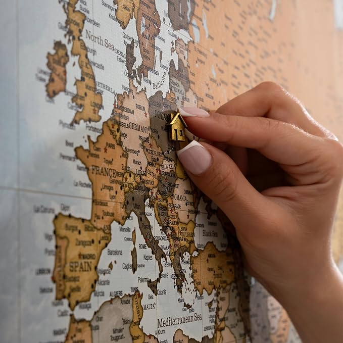 Canvas World Map with Cork Pin Board - English Lettering - Decorative Wall Decoration for All Rooms - Canvas Pictures with World Map Motif (120x80 cm, Pattern 14)