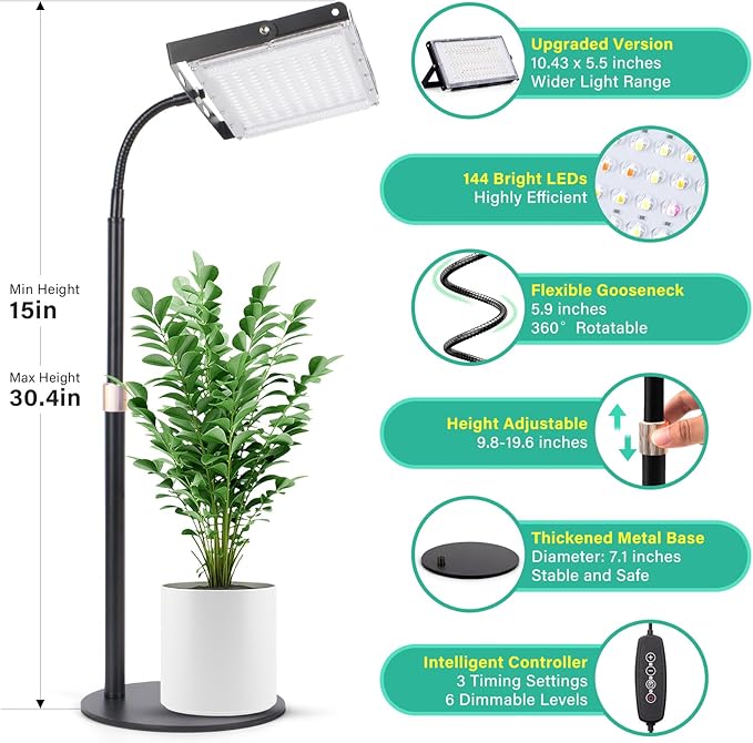 LBW Grow Light for Indoor Plants, 144 LED Full Spectrum Plant Light for Indoor Plants, Large Desk Grow Lamp with 4H/8H/12H Timer, 6-Level Brightness, Height Adjustable, Flexible Gooseneck