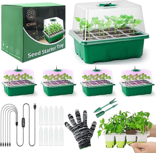 Seed Starter Tray- Complete Seedling Starter Kit with Soft Silicone Pop-Out Cell, Smart Timer Settings, Seed Starting Trays, Indoor Kit- 5 Sets Tray with LED Lights