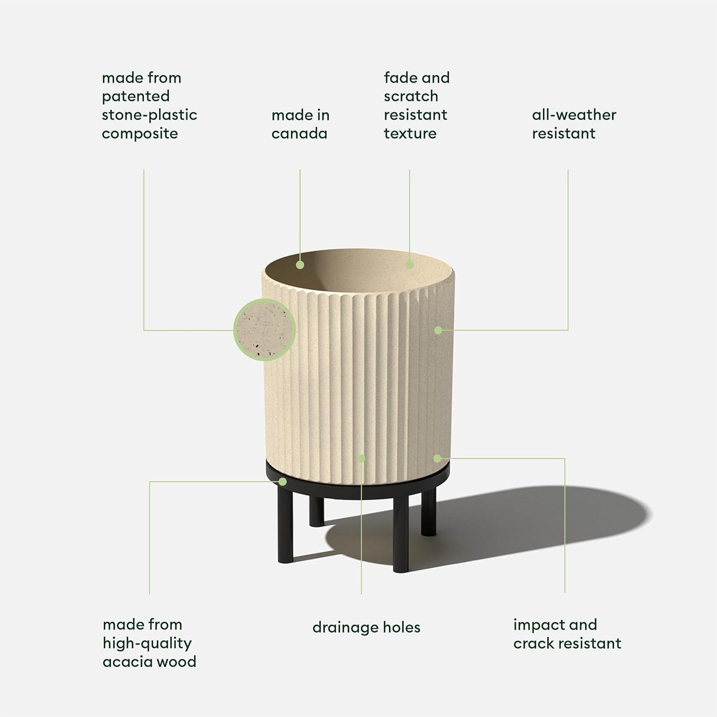 Veradek Demi Series Round Planter w/Stand for Porch/Patio | Durable Plastic-Stone Composite & Wooden Stand | Modern Décor for Tall Plants, Flowers