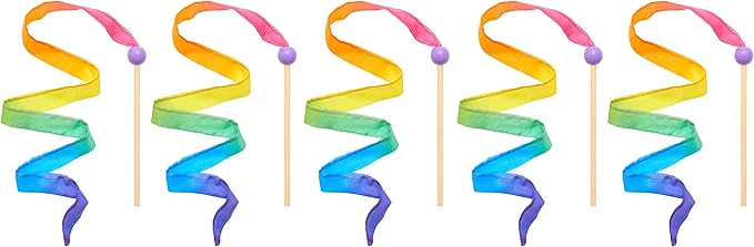 Sarah's Silks Mini Streamers, 8 Inch Handle 3 foot Ribbon Wand for Pretend Play, Dance, Baton Stick Twirling, and Gymnastics Party Favors | Montessori and Waldorf Toys (Rainbow Pack of 5)