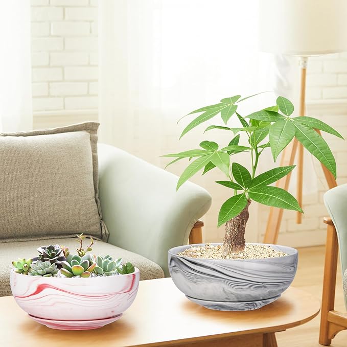 G EPGardening 8in Marble Pattern Large Round Succulent Planter Pot Modern Flower Pot Indoor and Outdoor Planter with Marble Tray