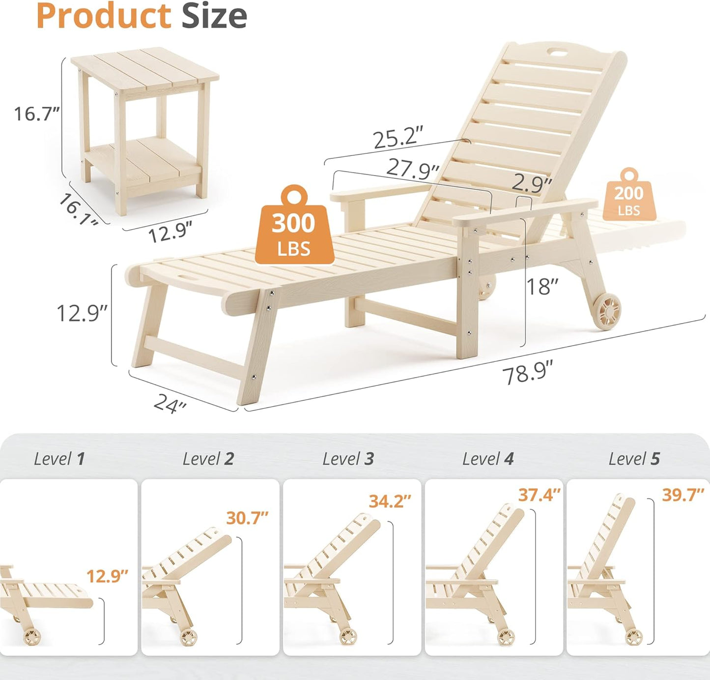 LUE BONA Chaise Lounge Chair with Table, 2-Piece, 79'' Oversized HDPS Chaise Lounger, 5 Positions Adjustable Lounge Chairs, Pool Lounge Chair with Wheels for Poolside, Backyard, 3 Year Warranty, Sand