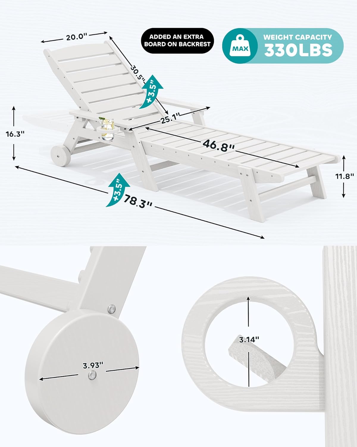 SERWALL Patio Chaise Lounge Chair Set of 2, 78'' Long 5-Positions Adjustable HDPE Outdoor Lounge Chair for Pool, Poly Lounge Chair with Rolling Wheels & Cup Holder for Poolside, Deck, White