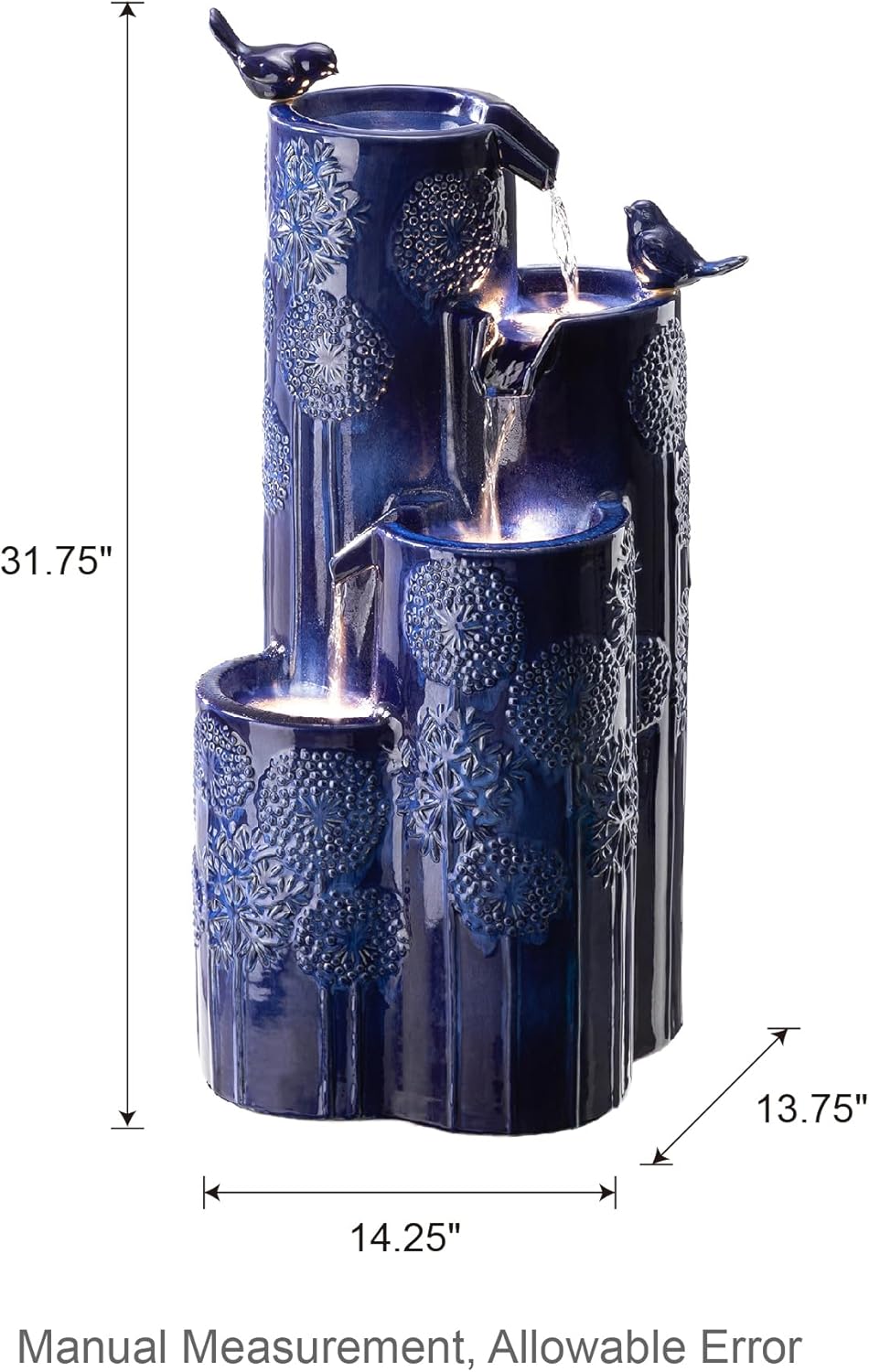 Glitzhome 32" H Outdoor Water Fountain with LED Lights and Pump, 4 Tier Ceramic Cobalt Blue Dandelion Texture Outdoor Fountains and Waterfalls with Cute Birds, for Porch Deck Garden Patio Backyard