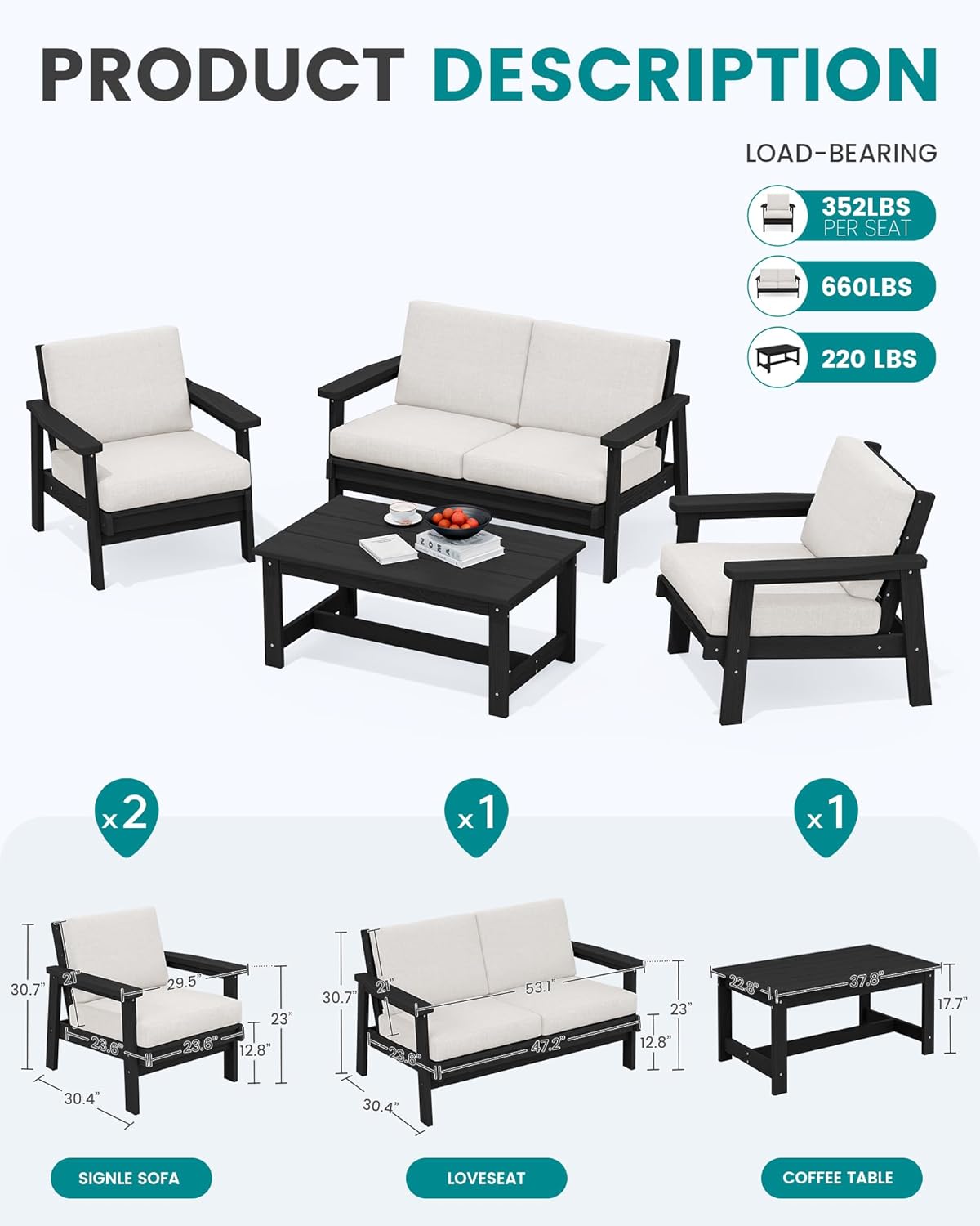SERWALL HDPE Outdoor Furniture Set, 4 Piece Outdoor Sofa Set, Black Frame with Khaki Cushions