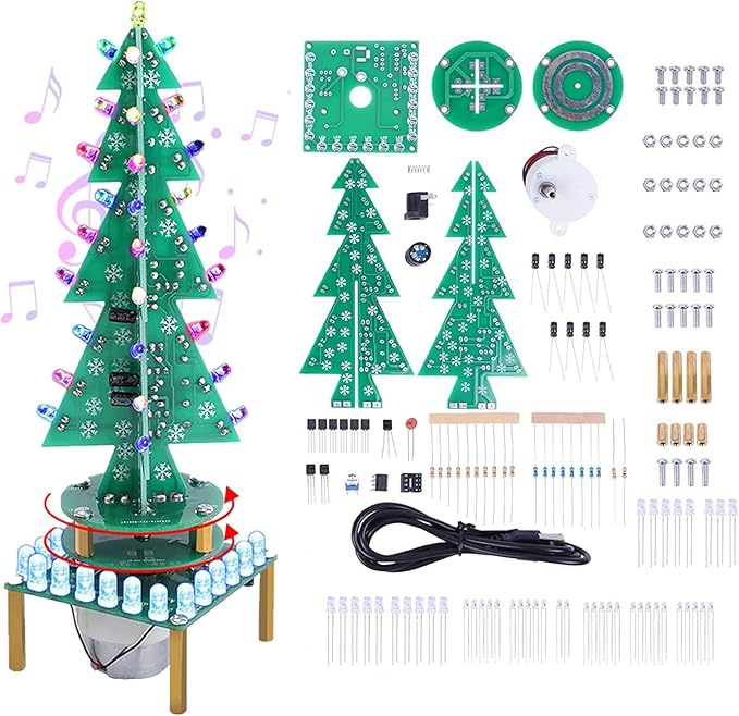 3D RGB LED Rotating Xmas Tree Soldering Kit, PEMENOL DIY Soldering Practice Kit Colorful Musical Christmas Tree Fun Electronic Project Kit for Christmas Decoration Home Family Friends