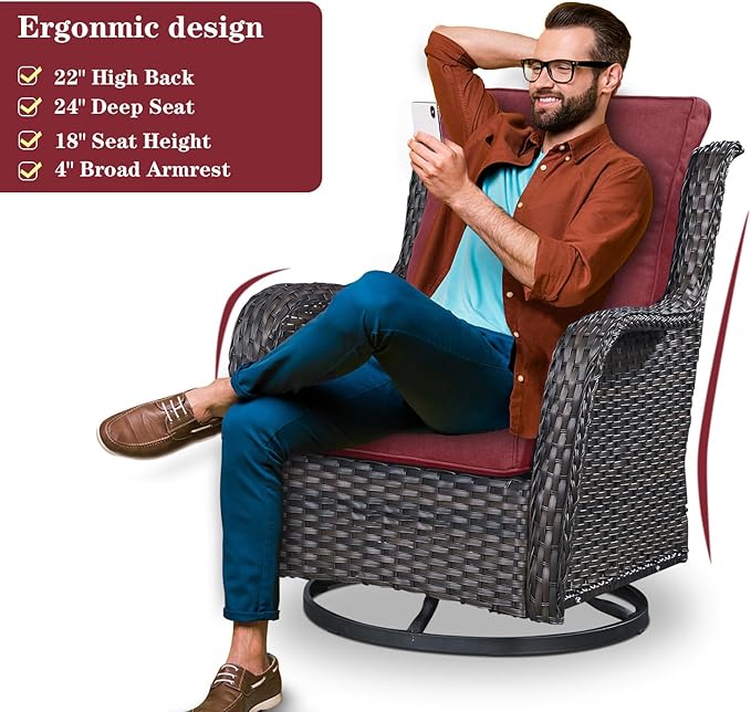 5 Pieces Patio Wicker Furniture Set - 4 Outdoor Swivel Rocker Glider Chairs with 50000BTU Propane Fire Pit Table, Warm Patio Conversation Set Red Cushion Perfect for Casual Gathering