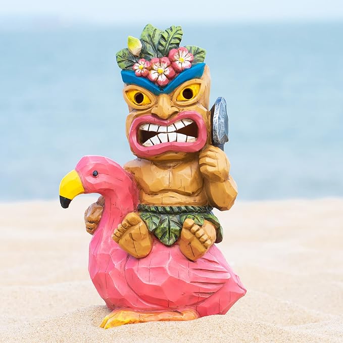 Solar Tiki Statue Flamingos Decor - Tiki Decorations Outdoor for Bar, Patio, Balcony, Yard,Lawn Ornament