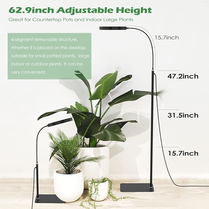 Grow Light, LED Floor Grow Lights for Indoor Plants, Full Spectrum Plant Growing Lamp for Large Plants, Auto ON/Off Timer, 6 Dimmable Levels, 3 Switch Mode, 63 inches Adjustable Height, Black