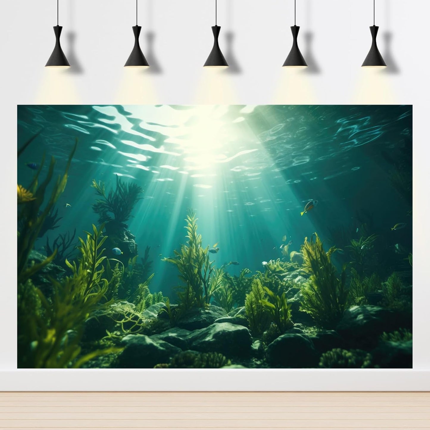 Ocean Aquarium Background Aquatic Plants with Rocks Terrarium Backdrop Sunlight Rays Deep Sea Fish Tank Background Aquarium Wallpaper Poster Decor Vinyl 48x24in