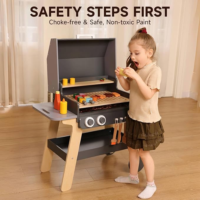Kids BBQ Grill Playset Toy for Toddlers & Children Ages 3-8, Wooden Outdoor Indoor Pretend Play Cooking Toys with Toy Food and Grilling Tools, for Girls & Boys
