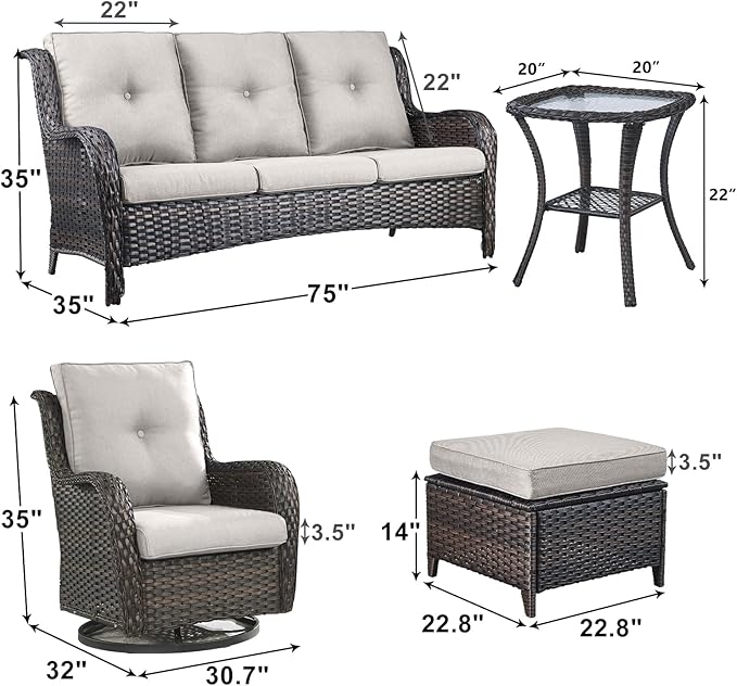 Outdoor Wicker Patio Furniture Set - 6 Piece Rattan Patio Conversation Set with 2 Rocking Swivel Chairs,2 Ottomans,1 Sofa and 1 Side Table for Porch Deck Backyard Garden(Brown/Beige)