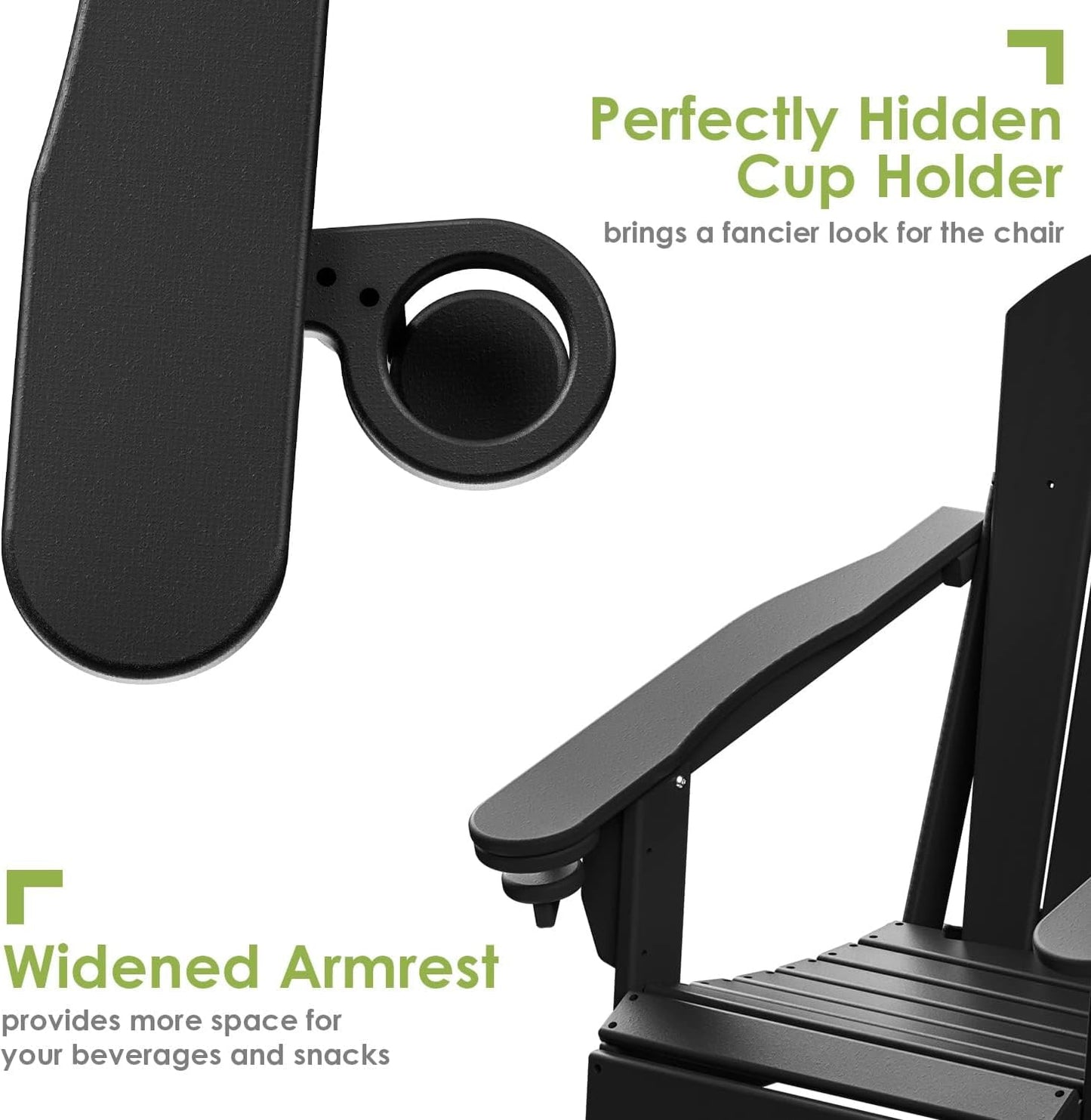 GREENVINES Folding-Adirondack-Chairs-Set-of-2 | HDPE Plastic | Fire Pit Chair | All Weather | Cup Holder | Black | for Deck Backyard Patio Outdoor Garden