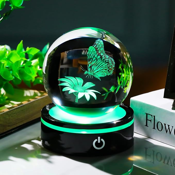 YWHL 3D Crystal Ball Butterfly and Flower Figurine with Colorful LED Base, Laser Butterfly Gifts for Women Men on Christmas Birthday, Crystal Ball Butterfly Decor Night Light for Home Decor (80mm)