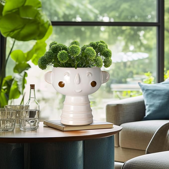 Head Planter for Indoor Plants - 7 Inch Ceramic Face Planter, Cute Succulent Pot with Drainage Hole, Indoor Outdoor Flower Plant Pot, Home Garden Decor, Gift for Plant Lovers, White