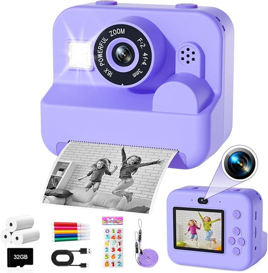 Kids Camera Instant Print - 1080P HD Video Digital Camera for Toddler with Printing Photo Paper, Portable Toy for 4 5 6 7 8 9 10 Years Old, Christmas Birthday Gifts for Boys Girls (Purple)