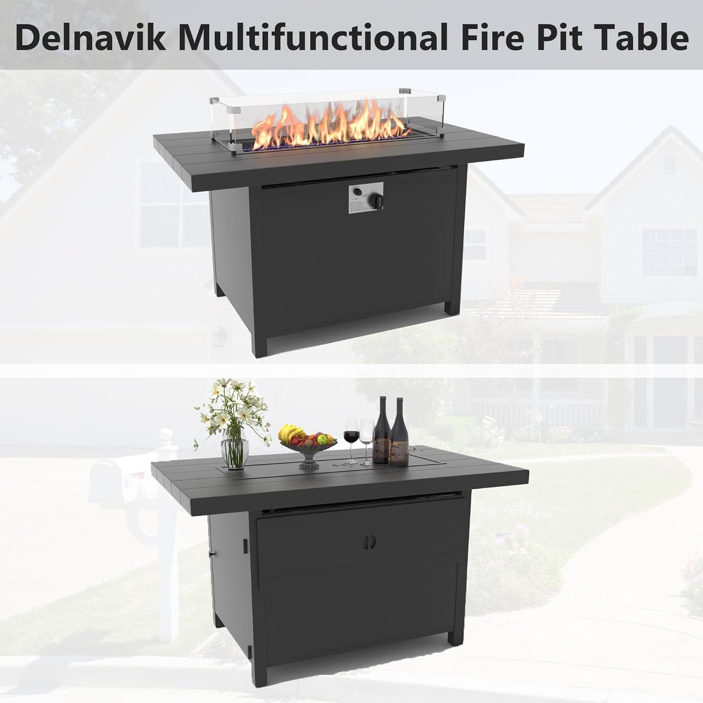 Kurapika Aluminum Propane Fire Pit Table 45 Inch 55,000 BTU Auto-Ignition, CSA Certification Outdoor Gas Fire Pits with Slide Out Tank Holder, Outdoor Fire Tables Wider Desktop, Windshield and Lid