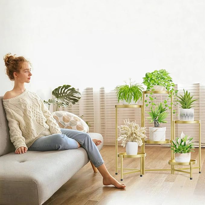 iDavosic.ly 6 Tier Large Plant Stand Indoor, 10 Inch Wide Tall Corner Metal Plant Stands Outdoor for Multiple Plants, Folding Tiered Flower Display Holder Rack Shelf, Gold