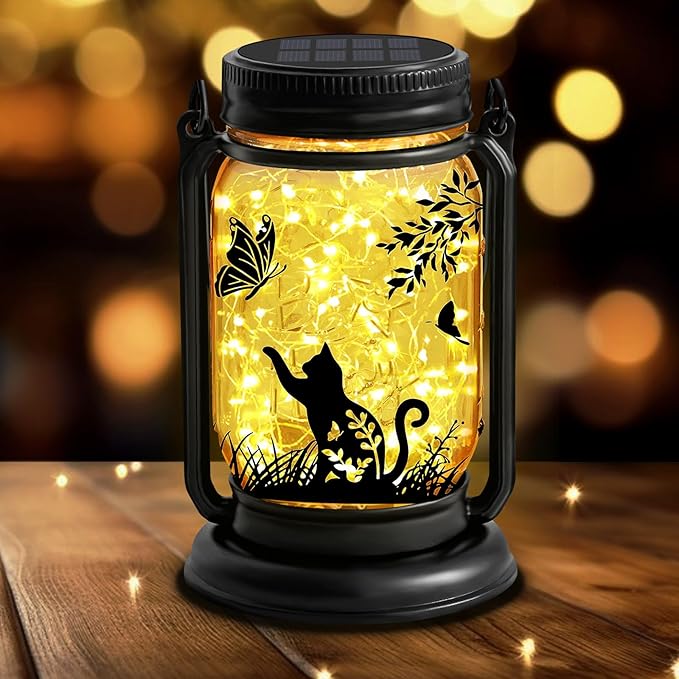 YJFWAL Solar Cat & Butterfly Lanterns Outdoor Waterproof - Cat Lover Unique Birthday Mothers Day Gifts for Women Mom Grandmom , LED Hanging Mason Jar Fairy Lights for Garden Yard Patio Decor