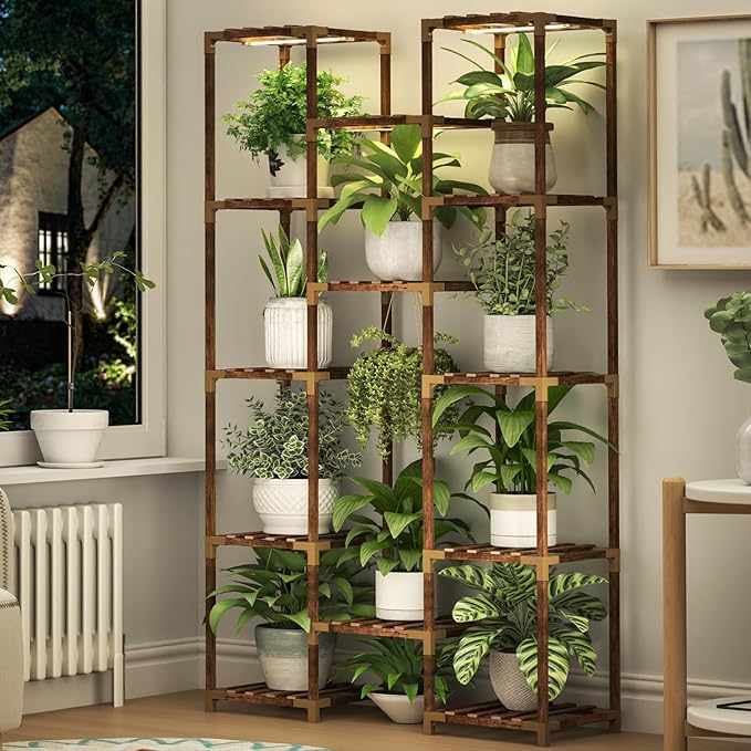 HOMKIRT Plant Stand with Grow Light for Indoor Plants, 13 Tier Large Outdoor Plant Shelf, 63" Tall Plant Rack Holder Flower Stand for Patio, Porch, Living Room Garden Plant Display Boho Decor