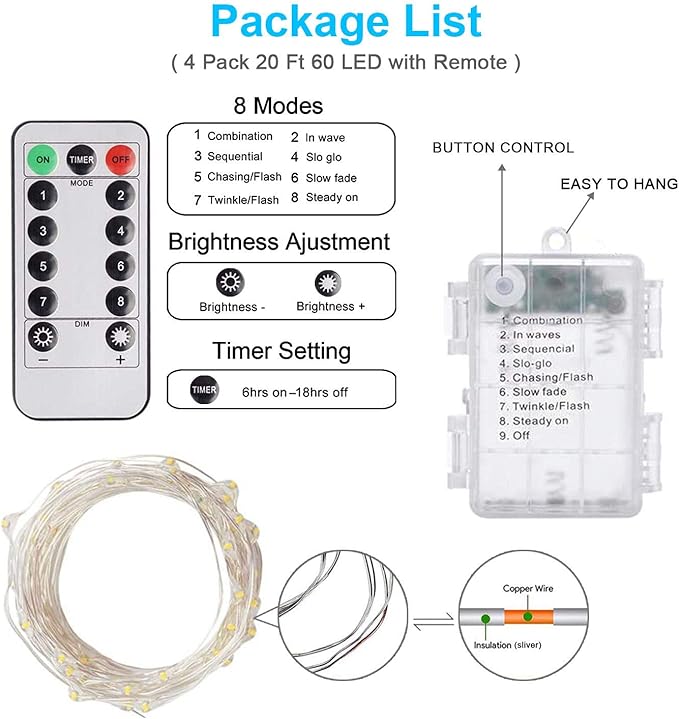 Homemory 4 Pack 20 Ft 60 LED Fairy Lights Battery Operated String Lights with Remote Waterproof 8 Modes Firefly Twinkle Christmas Lights for Party Bedroom Wedding Decorations(Cool White)