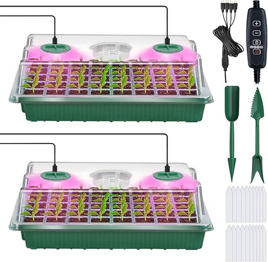YAUNGEL Seed Starter Tray with Grow Light, Seed Starter Kit with Timing Controller Adjustable Brightness,80 Cells Seed Starter Tray for Indoor Planting with Humidity Domes Heightened Lids 2 Pack