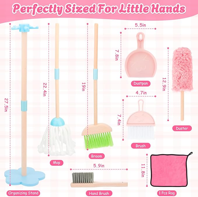 Kids Cleaning Set, Wooden Toddler Broom Set for Housekeeping, 7 Pieces Montessori Cleaning Toys with Kids Broom and Mop Set, Housework Pretend Play Toy Gift for Boys Girls Ages 3+
