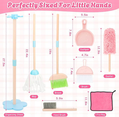 Kids Cleaning Set, Wooden Toddler Broom Set for Housekeeping, 7 Pieces Montessori Cleaning Toys with Kids Broom and Mop Set, Housework Pretend Play Toy Gift for Boys Girls Ages 3+