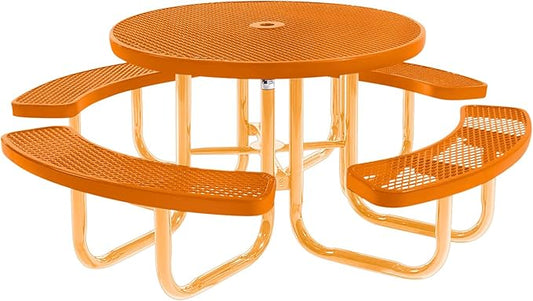 Heavy-Duty Portable Outdoor Picnic Table with Umbrella Hole, Expanded Metal Commercial-Grade Patio Dining Furniture Made in America (46" Round Top, Orange with Orange Frames)