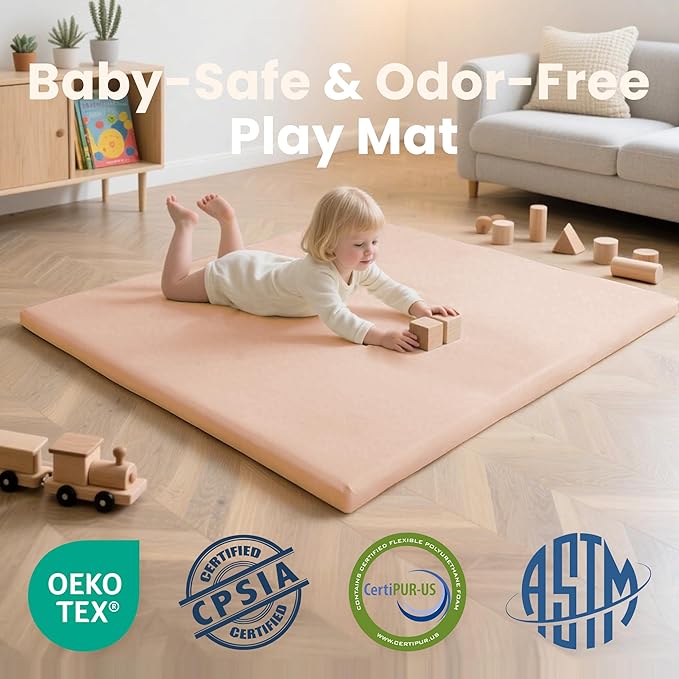 Baby Play Mat 50x50 Inches,1.3" Thick Padded Waterproof Floor Cushion & Playpen Mat with Vegan Leather,Non-Slip & Non-Toxic Nursery Rug for Infants, Toddlers & Kids(Pink)