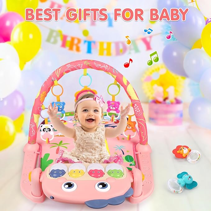 UMIKU Baby Play Mat Baby Tummy Time Mat Activity Center for Newborn Infant Piano Play Gym Mat Music & Light Babies Gifts Boy Girl for Babies 0-6 6-12 Months, Pink Dinosaur