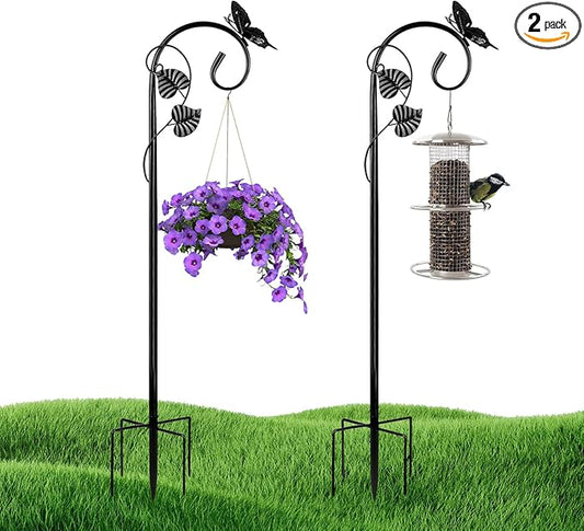 Shepherds Hooks for Outdoor Hummingbird Bird Feeder Pole Hanger 49 Inches with 5 Prongs Base Stainless Metal Adjustable Garden Hanging Holder Weddings Garden Decor Butterfly 2-Pack