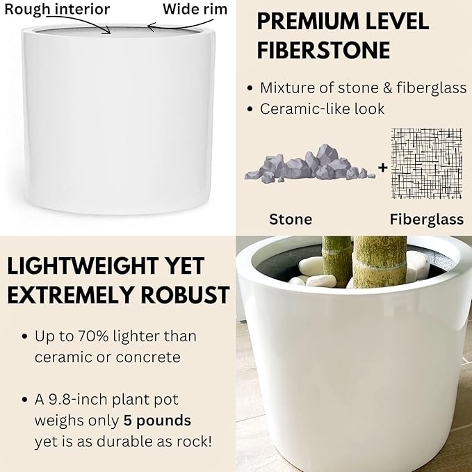 Fox & Fern 10 Inch Plant Pot with Drainage Plug — Premium Lightweight Fiberstone Glossy White Planter; Indoor & Outdoor Planter; 10 Inch Pots for Plants; Weather Resistant & UV Resistant