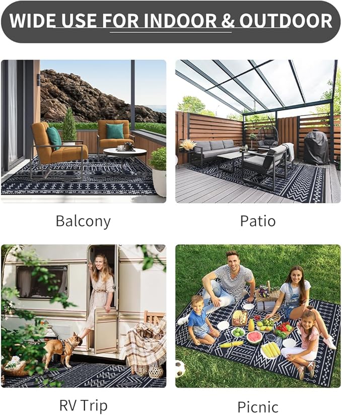 Outdoor Rug Carpet Waterproof 8x10 ft Patio Rug Mat Indoor Outdoor Area Rug for RV Camping Picnic Reversible Lightweight Plastic Straw Outside Rug for Patio Decor Decoration Boho Rug Navy Blue White