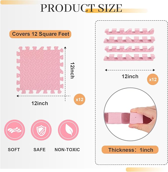 12 Tiles 12x12x1 Inch EVA Thick Interlocking Foam Floor Tiles Puzzle Exercise Mat Play Foam Mats for Boys Girls Baby Pets Home Classroom Nursery Gym(Pink)