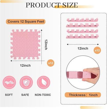 12 Tiles 12x12x1 Inch EVA Thick Interlocking Foam Floor Tiles Puzzle Exercise Mat Play Foam Mats for Boys Girls Baby Pets Home Classroom Nursery Gym(Pink)