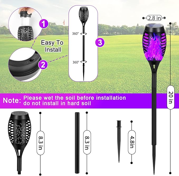 8 Pack Solar Torch Lights Outdoor Waterproof - Purple Flickering Flame, Outdoor Solar Garden Lights for Yard, Tiki Torches for Outside Patio Pathway Decorations