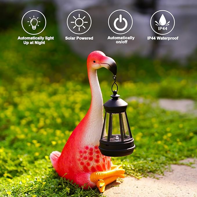 Goodeco Flamingo Statue with Solar Lantern - Artistic Pink Flamingo Decor for Outdoor Garden & Home, Flamingo Gifts for Women - Flamingo Lamp with Solar Lights Outdoor, LD602291