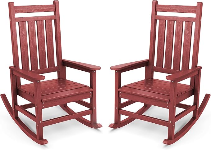 SERWALL Outdoor Rocking Chair Set of 2, HDPE Rocking Chairs for Adult, All Weather Porch Rockers for Lawn Garden, Crimson Red