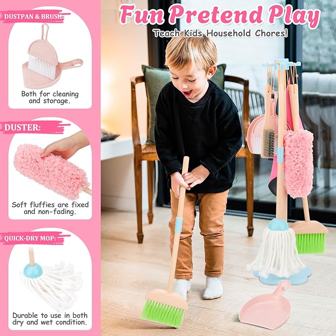 Kids Cleaning Set, Wooden Toddler Broom Set for Housekeeping, 7 Pieces Montessori Cleaning Toys with Kids Broom and Mop Set, Housework Pretend Play Toy Gift for Boys Girls Ages 3+