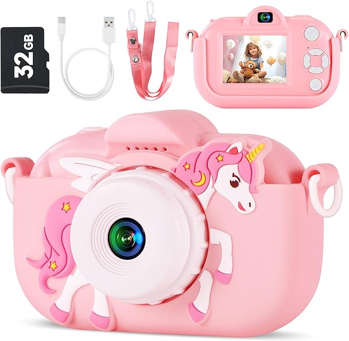 Kids Camera Toys for Ages 3 4 5 6 7 8 9 Girls, 48MP Dual Lens Toddler Digital Camera Christmas Birthday Gift, Kids Selfie Camera with 32G SD Card, Silicone Cover