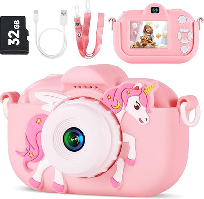 Kids Camera Toys for Ages 3 4 5 6 7 8 9 Girls, 48MP Dual Lens Toddler Digital Camera Christmas Birthday Gift, Kids Selfie Camera with 32G SD Card, Silicone Cover